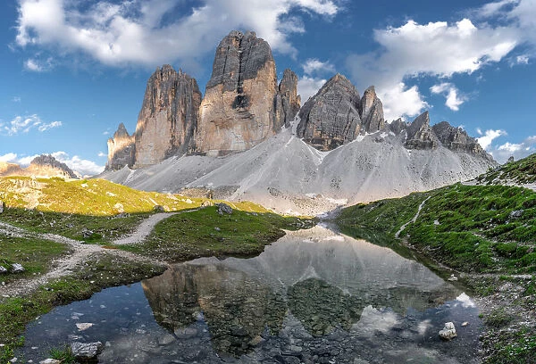 Landscape of Tre Cime peaks in Dolomite national park, UNESCO, Italy
