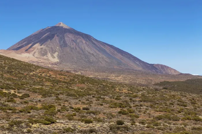 Framed Print : Landscape with vegetation typical of the Parque Nacional de las Canadas del Teide, Teide National Park, UNESCO World Natural Heritage Site, with Mount Teide volcano at the rear, Montijos, Palo Blanco, Tenerife, Canary Islands, Spain