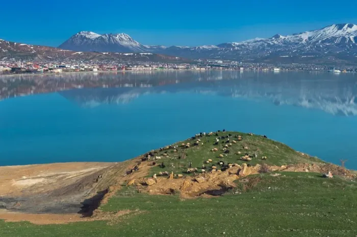 Framed Print : Landscape view of Lake Van with Nemrut volcano background Framed Print : Landscape view of Lake Van with Nemrut volcano background