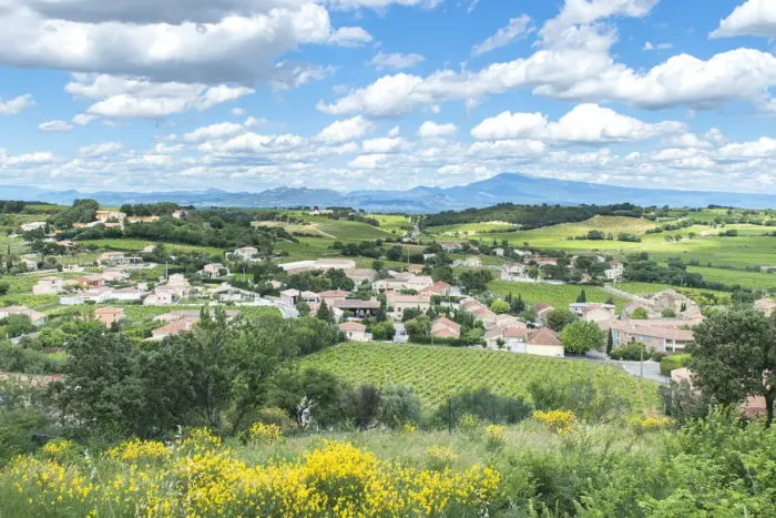 Framed Print : Landscape with village, Chateauneuf du Pape, France, Europe Framed Print : Landscape with village, Chateauneuf du Pape, France, Europe