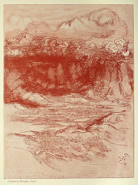 Landscape and a water spout, Early renaissance art, sketch by Leonardo da Vinci