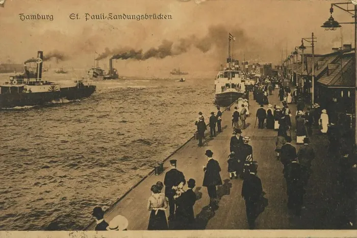 Framed Print : Landungsbruecken St. Pauli, Hamburg, Germany, postcard with text, view around ca 1910, historical, digital reproduction of a historical postcard, public domain, from that time, exact date unknown Framed Print : Landungsbruecken St. Pauli, Hamburg, Germany, postcard with text, view around ca 1910, historical, digital reproduction of a historical postcard, public domain, from that time, exact date unknown