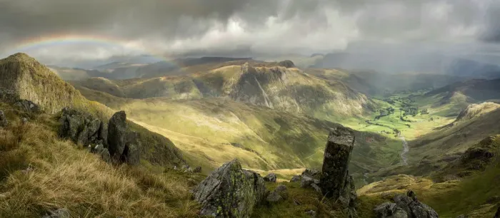 Framed Print : Langdale. Dramatic mountain panorama with rainbow, stormy sky Framed Print : Langdale. Dramatic mountain panorama with rainbow, stormy sky
