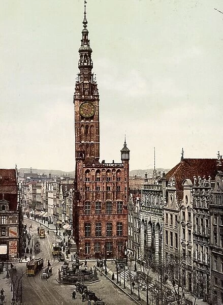 Langgasse with Town Hall and Stock Exchange in Gdansk, formerly Germany, now Gdansk in Poland, Germany, Historic, digitally restored reproduction of a photochrome print from the 1890s