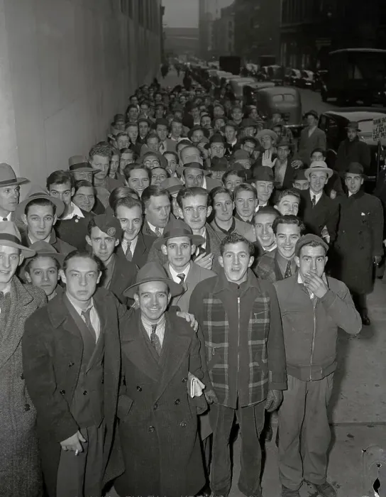 Framed Print : Large Crowd of Prospective Military Recruits Standing in Street Framed Print : Large Crowd of Prospective Military Recruits Standing in Street