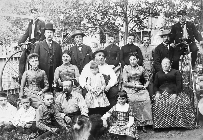 Framed Print : Large Family With Penny-Farthing Bikes Framed Print : Large Family With Penny-Farthing Bikes