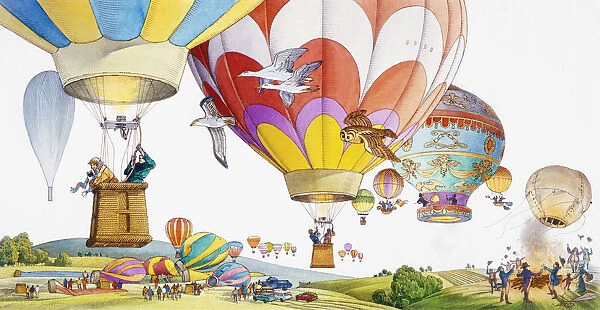 Large group of colorful hot air balloons flying over countryside