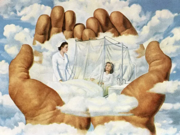 Framed Print : Large Hands Holding a Nurse and Patient with Care