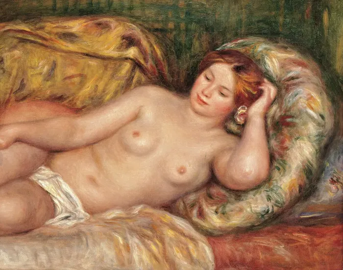 Framed Print : Large Nude, by Pierre-Auguste Renoir, 1907 about, 20th Century, oil on canvas, cm 70 x 155 Framed Print : Large Nude, by Pierre-Auguste Renoir, 1907 about, 20th Century, oil on canvas, cm 70 x 155