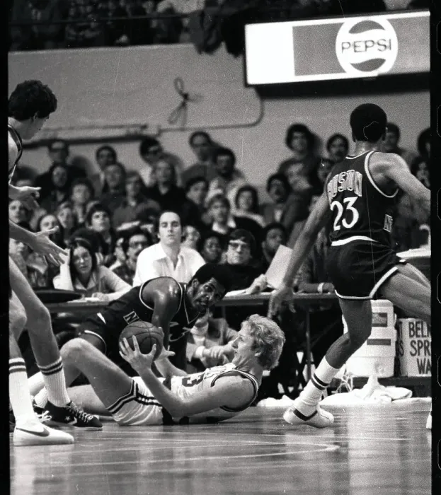 Framed Print : Larry Bird Lying on the Floor During Basketball Action Framed Print : Larry Bird Lying on the Floor During Basketball Action