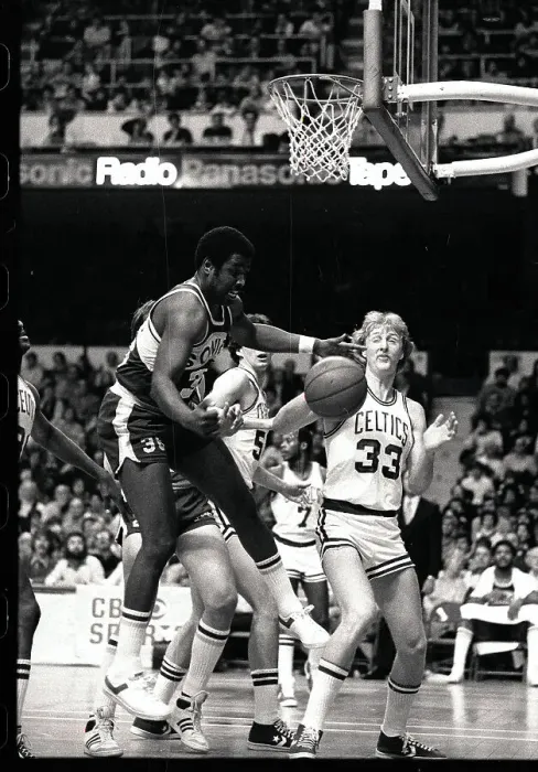Framed Print : Larry Bird and Paul Silas Mishandle Rebound