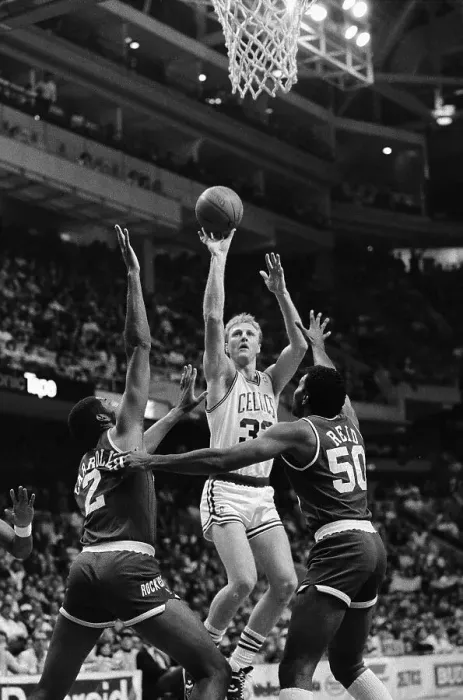 Framed Print : Larry Bird Shooting Over Houston Rockets Blocking Him