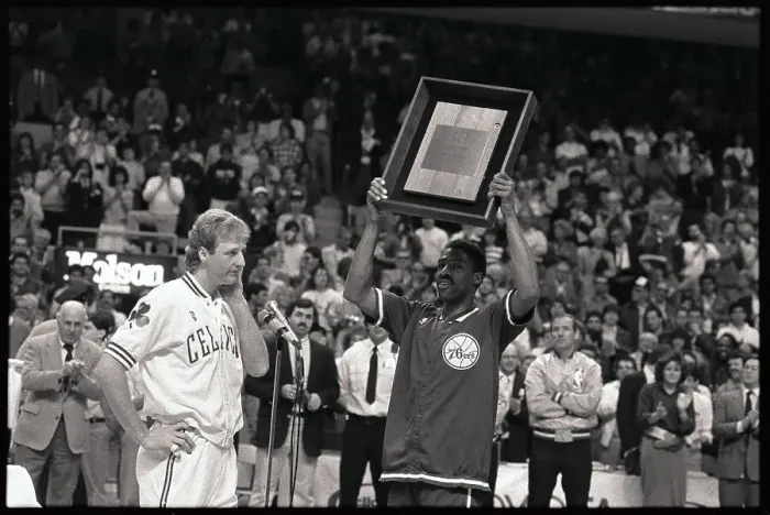 Framed Print : Larry Bird Watching Dr. J Receiving Retirement Honors Framed Print : Larry Bird Watching Dr. J Receiving Retirement Honors