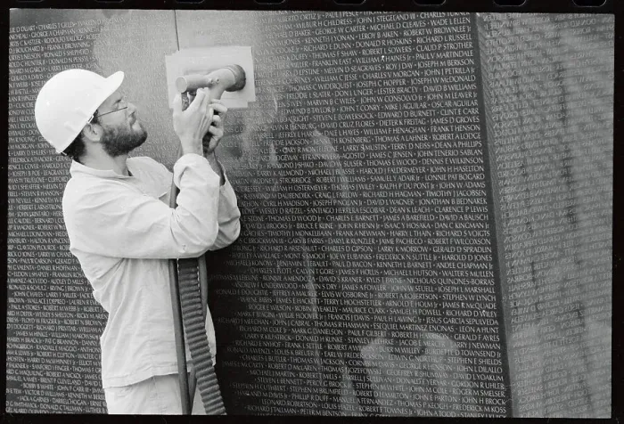 Framed Print : Larry Century Using Chiseling Tools on Vietnam Memorial Framed Print : Larry Century Using Chiseling Tools on Vietnam Memorial