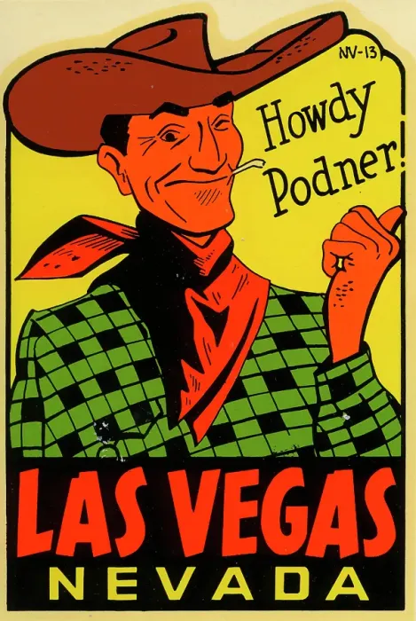 Framed Print : Las Vegas. USA - 1949: A decal for Las Vegas, Nevada reads Howdy Podner from 1949 in USA Framed Print : Las Vegas. USA - 1949: A decal for Las Vegas, Nevada reads Howdy Podner from 1949 in USA