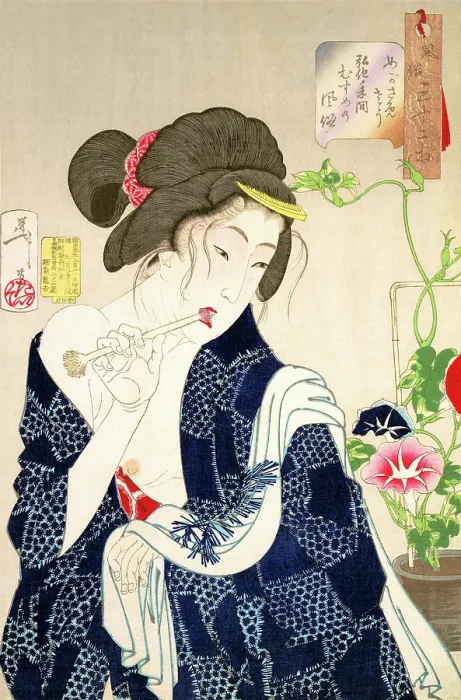 Framed Print : A lass in kimono wakes up Framed Print : A lass in kimono wakes up
