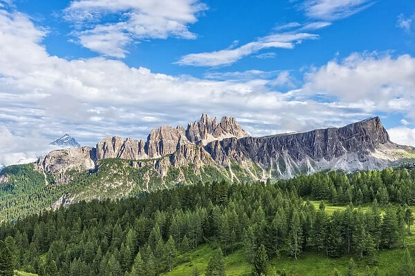 Lastoi de Formin mountain with blue sky and clouds, Croda da Lago at the back, Dolomites, Veneto, Italy