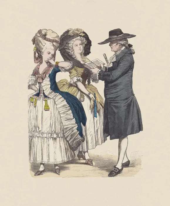 Framed Print : Late 18th century, French costumes, hand-colored wood engraving, published c. 1880 Framed Print : Late 18th century, French costumes, hand-colored wood engraving, published c. 1880