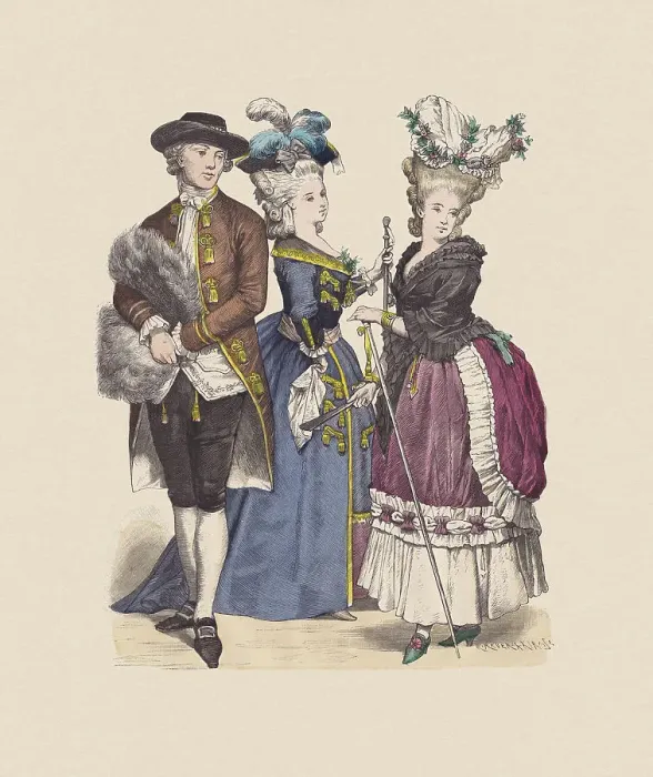 Framed Print : Late 18th century, French costumes, hand-colored wood engraving, published c. 1880 Framed Print : Late 18th century, French costumes, hand-colored wood engraving, published c. 1880