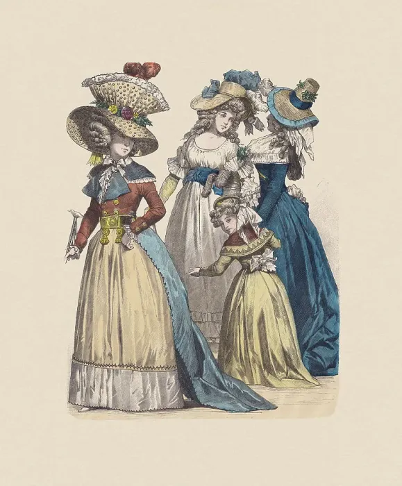 Framed Print : Late 18th century, French costumes, hand-colored wood engraving, published c. 1880 Framed Print : Late 18th century, French costumes, hand-colored wood engraving, published c. 1880