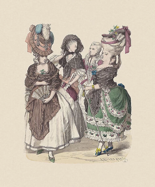 Late 18th century, French costumes, hand-colored wood engraving, published c. 1880