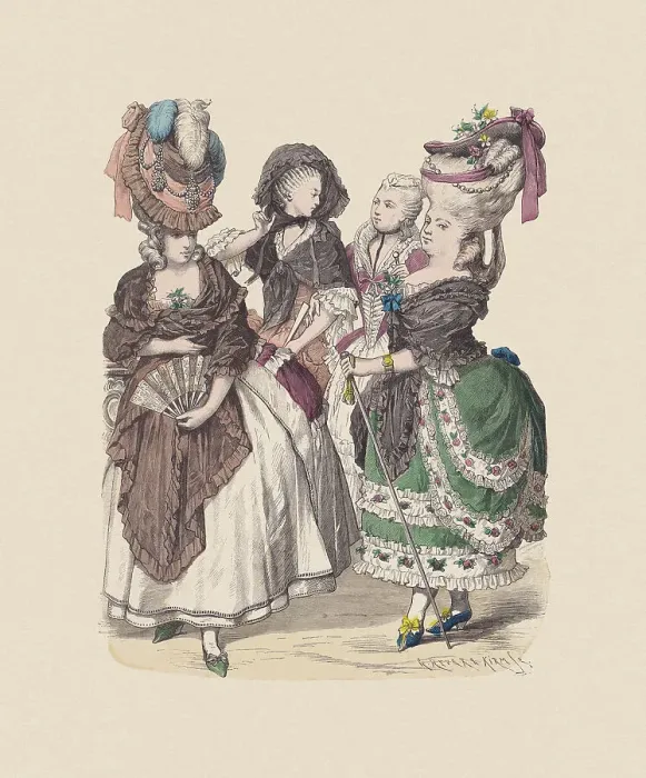 Framed Print : Late 18th century, French costumes, hand-colored wood engraving, published c. 1880 Framed Print : Late 18th century, French costumes, hand-colored wood engraving, published c. 1880
