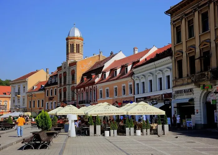 Framed Print : Late medieval town houses in the old town on Piata Sfatului Square of Brasov, Brasov, Transylvania, Romania