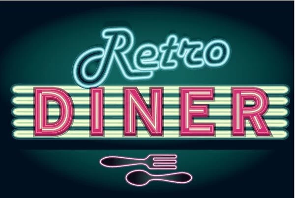 Late night retro Diner neon sign with cutlery