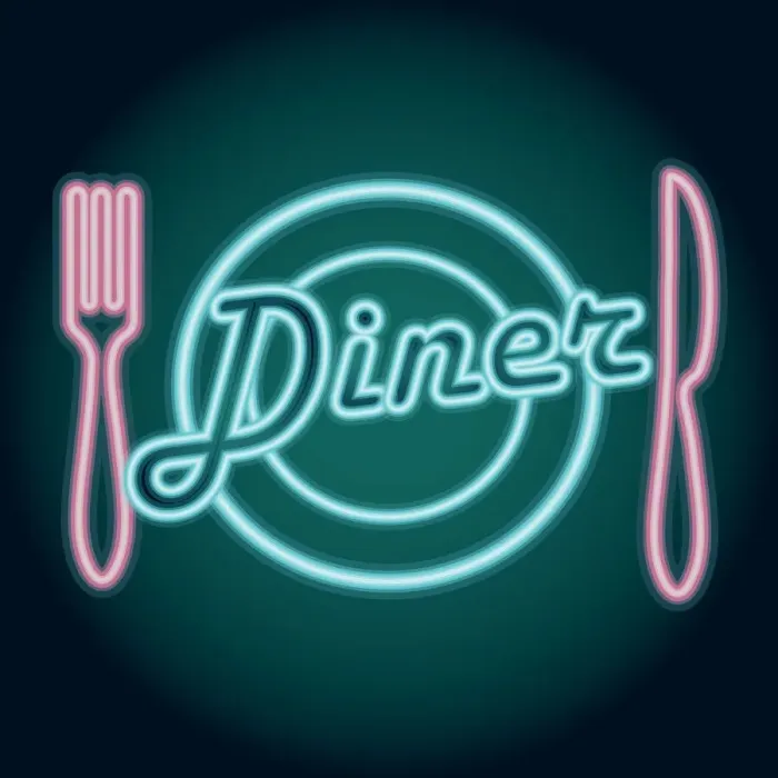 Framed Print : Late night retro Diner Restaurant placesetting neon sign Framed Print : Late night retro Diner Restaurant placesetting neon sign