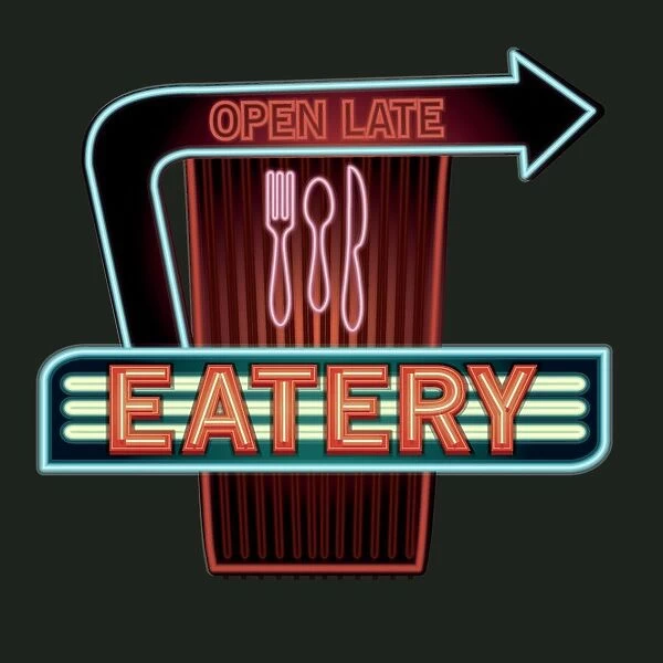 Late night retro Eatery neon sign with arrows and utensils