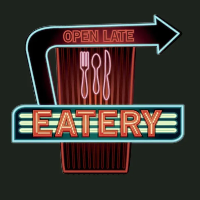 Framed Print : Late night retro Eatery neon sign with arrows and utensils Framed Print : Late night retro Eatery neon sign with arrows and utensils