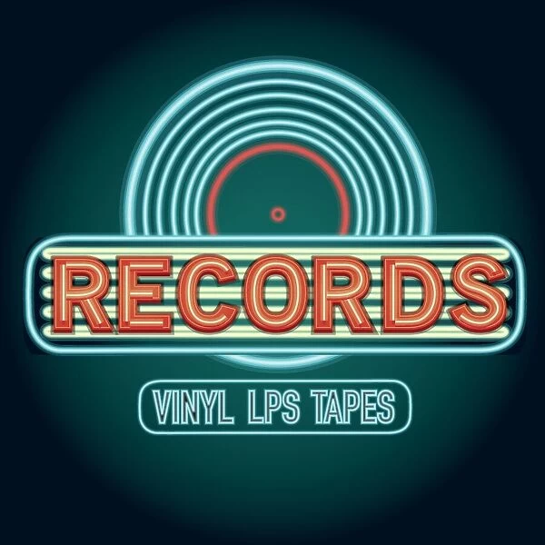 Late night retro Record Vinyl Lps Tapes store neon sign