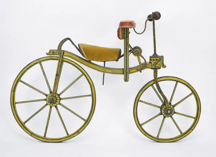 Framed Print : Laufmaschine 1820 Osterreich, Austria, 1820, side view, drive side. No gears, Frame: wood, Wheel size back: 71cm / front: 58cm Special features - only used by very wealthy, hence the luxurious padded seats, and ornamental detailing Framed Print : Laufmaschine 1820 Osterreich, Austria, 1820, side view, drive side. No gears, Frame: wood, Wheel size back: 71cm / front: 58cm Special features - only used by very wealthy, hence the luxurious padded seats, and ornamental detailing