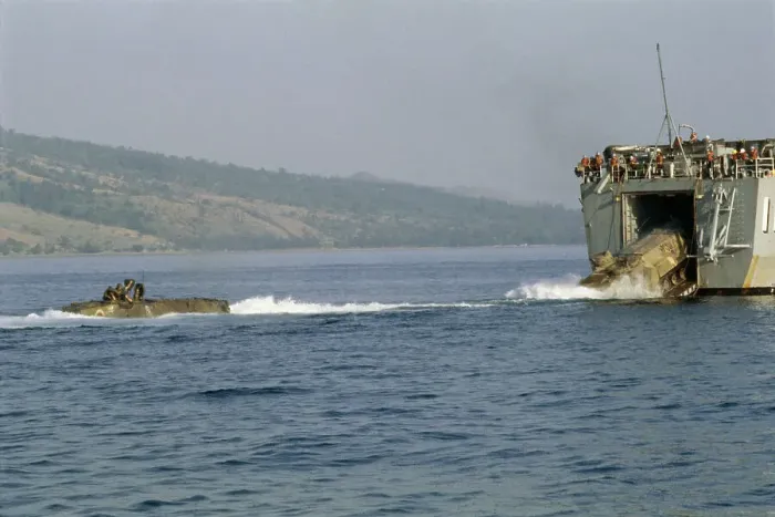 Framed Print : Launching Amphibious Tanks