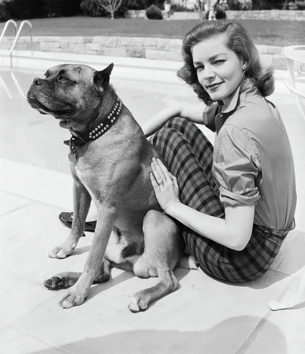 Framed Print : Lauren Bacall Seated W / Dog Poolside Framed Print : Lauren Bacall Seated W / Dog Poolside