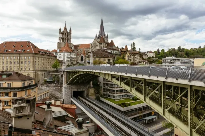 Framed Print : Lausanne cityscape with Lausanne Cathedral and Bessieres Bridge, Switzerland Framed Print : Lausanne cityscape with Lausanne Cathedral and Bessieres Bridge, Switzerland