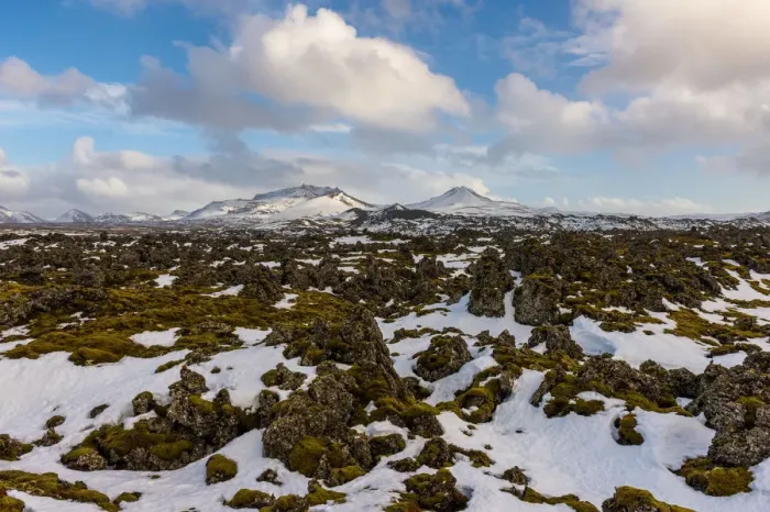Framed Print : Lava rocks with the snowy mountain, Iceland Framed Print : Lava rocks with the snowy mountain, Iceland