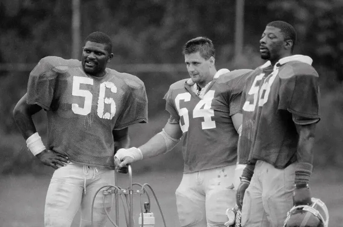 Framed Print : Lawrence Taylor and Defensive Teammates Posing on Field Framed Print : Lawrence Taylor and Defensive Teammates Posing on Field