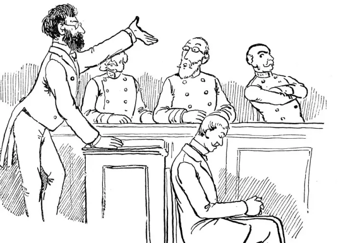 Framed Print : Lawyer stands before the judge and talks to him, his client sits aside of him, depressed Framed Print : Lawyer stands before the judge and talks to him, his client sits aside of him, depressed