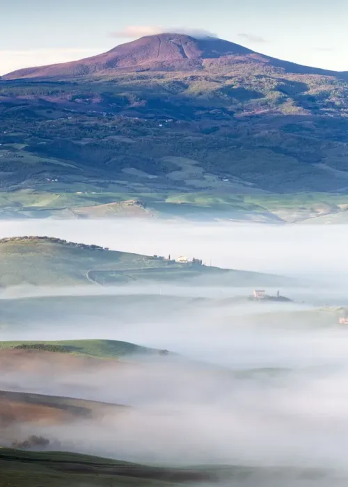 Framed Print : Layered. Layers of mist.Pienza. A town and comune in the province of Siena Framed Print : Layered. Layers of mist.Pienza. A town and comune in the province of Siena