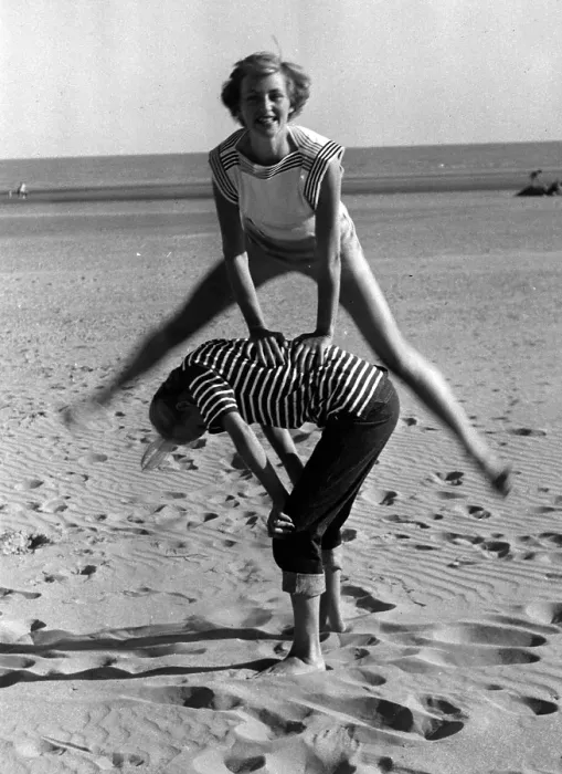 Framed Print : Leap-frog. 21st June 1952: Towelling beachwear fashion Framed Print : Leap-frog. 21st June 1952: Towelling beachwear fashion