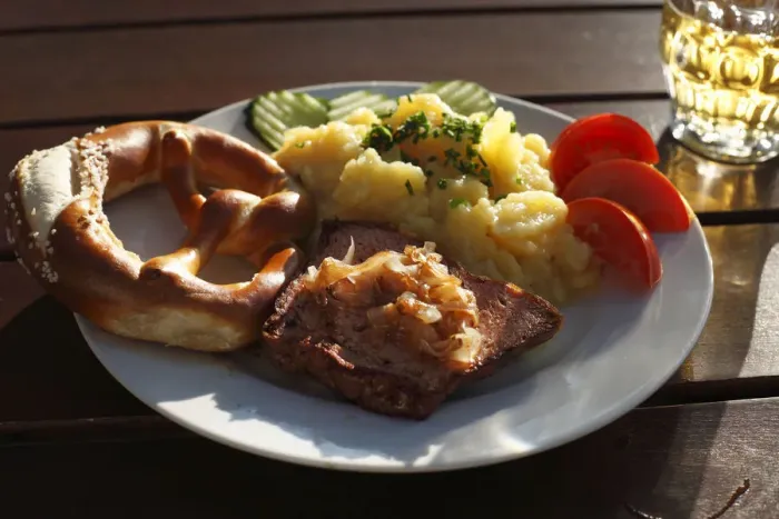 Framed Print : Leberkaese spam with roasted onions, pretzels and potato salad, Schwaben, Bavaria, Germany, Europe Framed Print : Leberkaese spam with roasted onions, pretzels and potato salad, Schwaben, Bavaria, Germany, Europe
