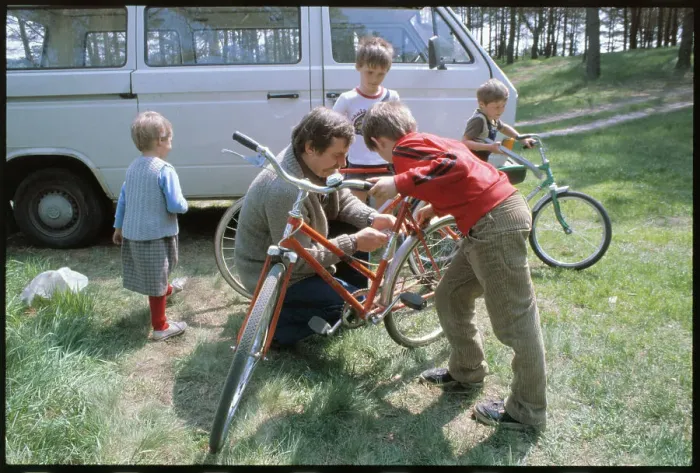 Framed Print : Lech Walesa Adjusting Bicycle Framed Print : Lech Walesa Adjusting Bicycle