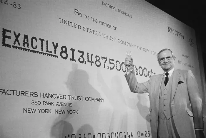 Framed Print : Lee Iacocca Toasting in Front of Check Framed Print : Lee Iacocca Toasting in Front of Check