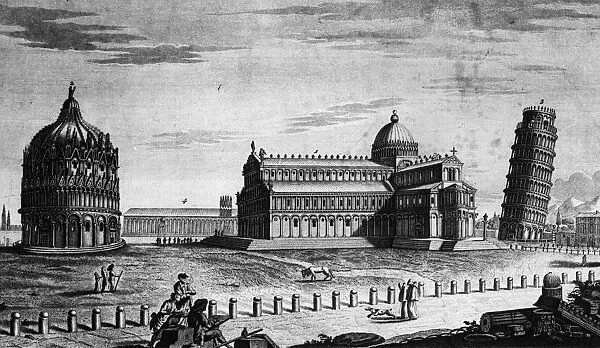 Pisa. circa 1800: From left to right, the Baptistry, Cathedral and Leaning Tower of Pisa