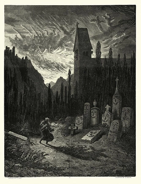 Legend of The Wandering Jew, illustrated by Gustave Dore. Walking in church cemetery, Visions in the sky