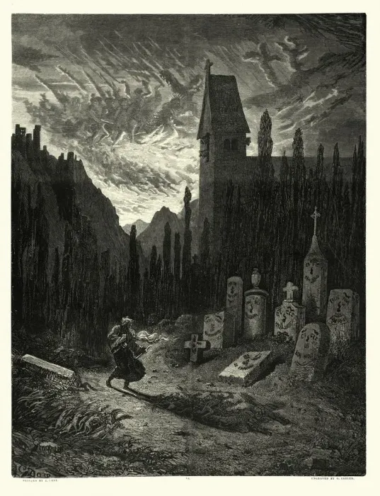Framed Print : Legend of The Wandering Jew, illustrated by Gustave Dore. Walking in church cemetery, Visions in the sky Framed Print : Legend of The Wandering Jew, illustrated by Gustave Dore. Walking in church cemetery, Visions in the sky