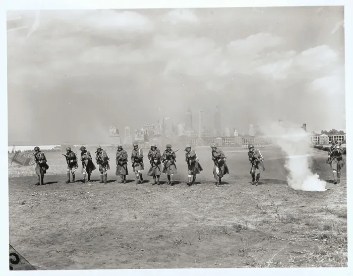 Framed Print : Legionnaires Acting out Capture of Fleville with NYC Background Framed Print : Legionnaires Acting out Capture of Fleville with NYC Background