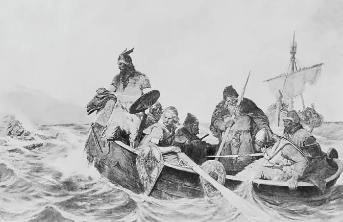 Framed Print : Leif Erickson in Watercraft with Others Framed Print : Leif Erickson in Watercraft with Others