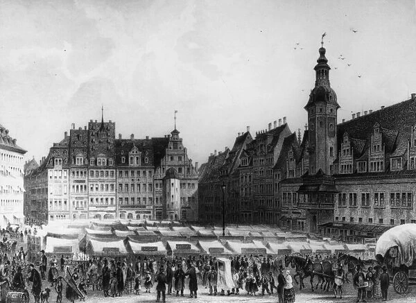 Leipzig. circa 1860: A crowded marketplace in Leipzig, east central Germany